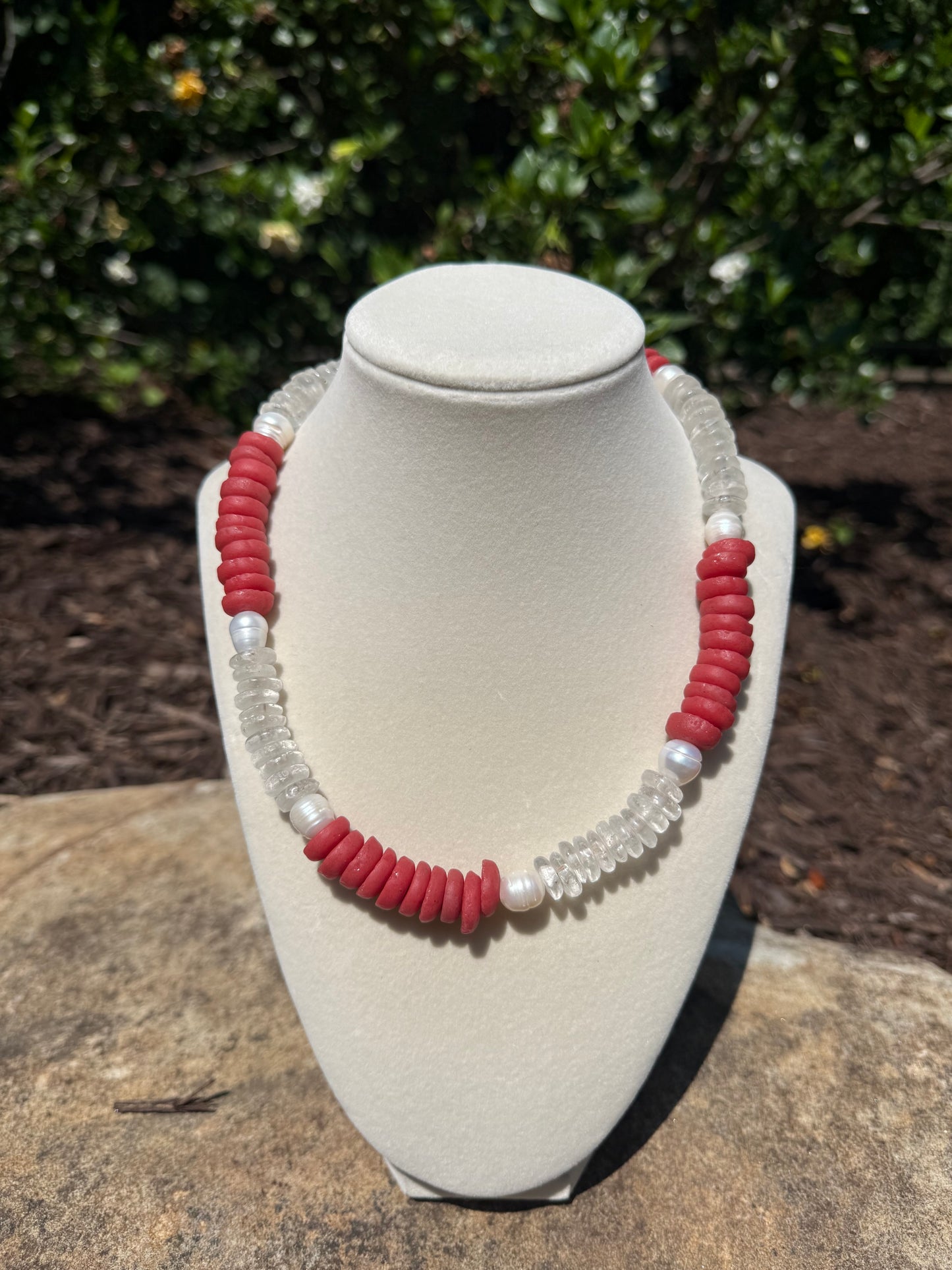 mixed red and clear with fresh water pearls
