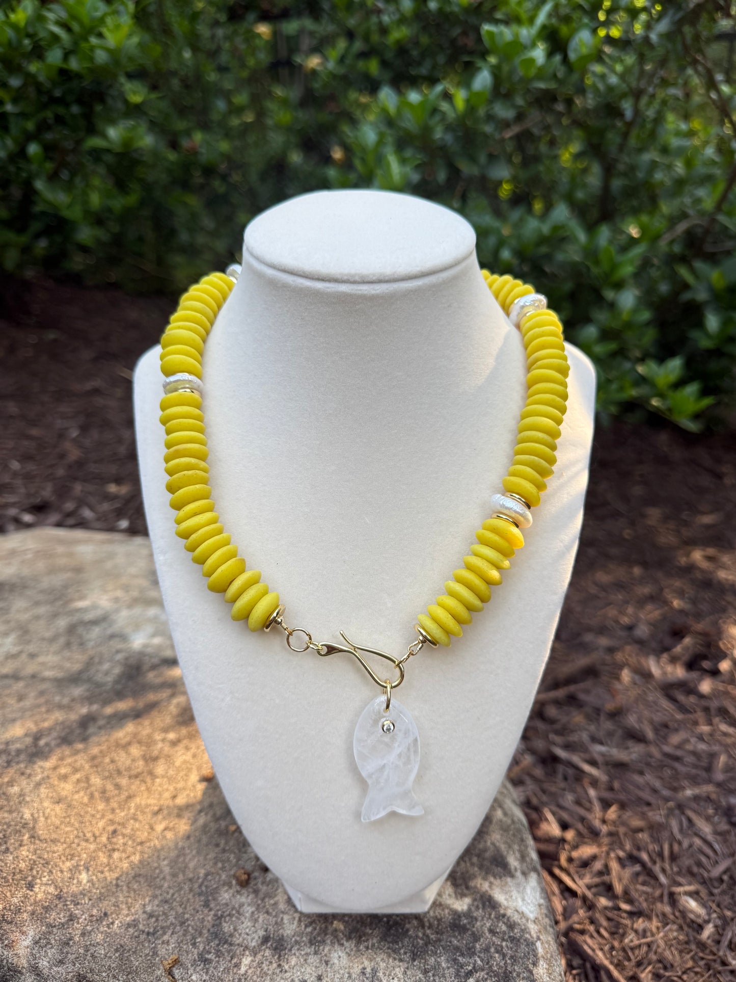 yellow ashanti glass beads with fresh water pearls and fish charm