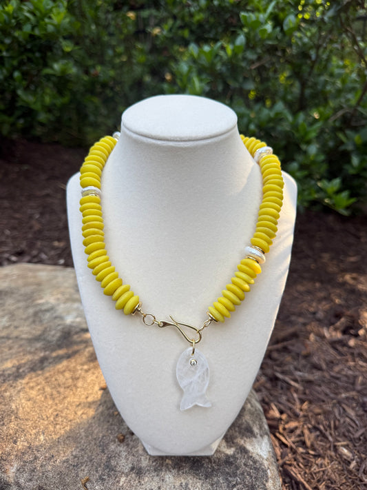 yellow ashanti glass beads with fresh water pearls and fish charm