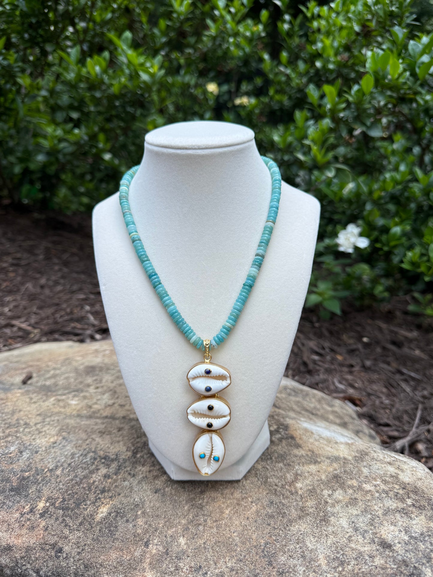 blue amazonite with cowrie shell with lapis, onyx and turquoise accents