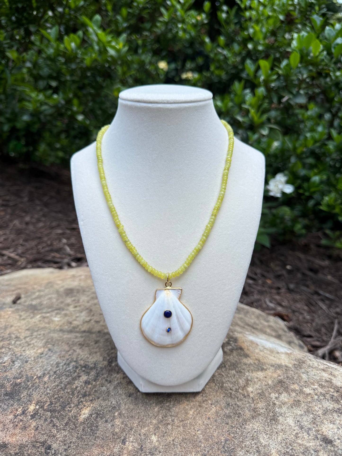 chartreuse with white shell with lapis accents