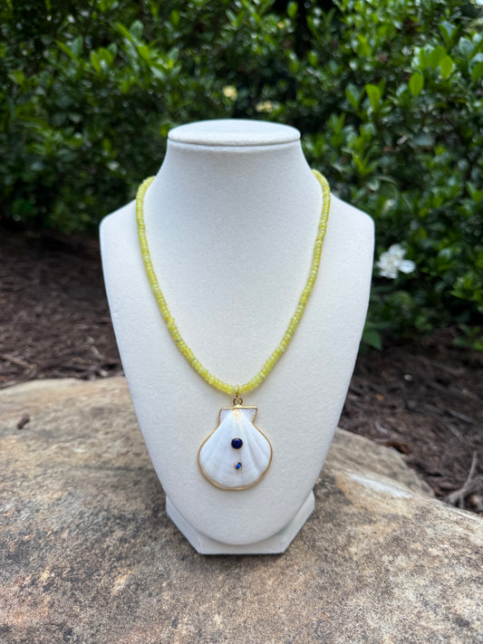 chartreuse with white shell with lapis accents