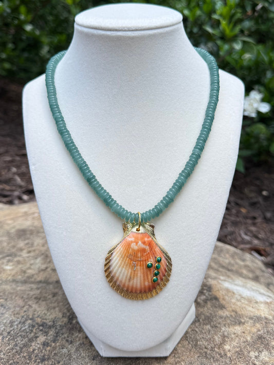 green jade with orange shell with malachite accents