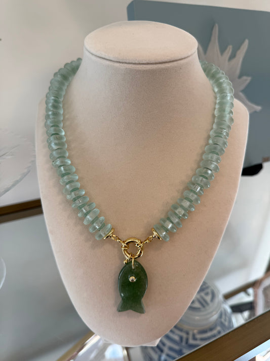 sea glass with green agate fish
